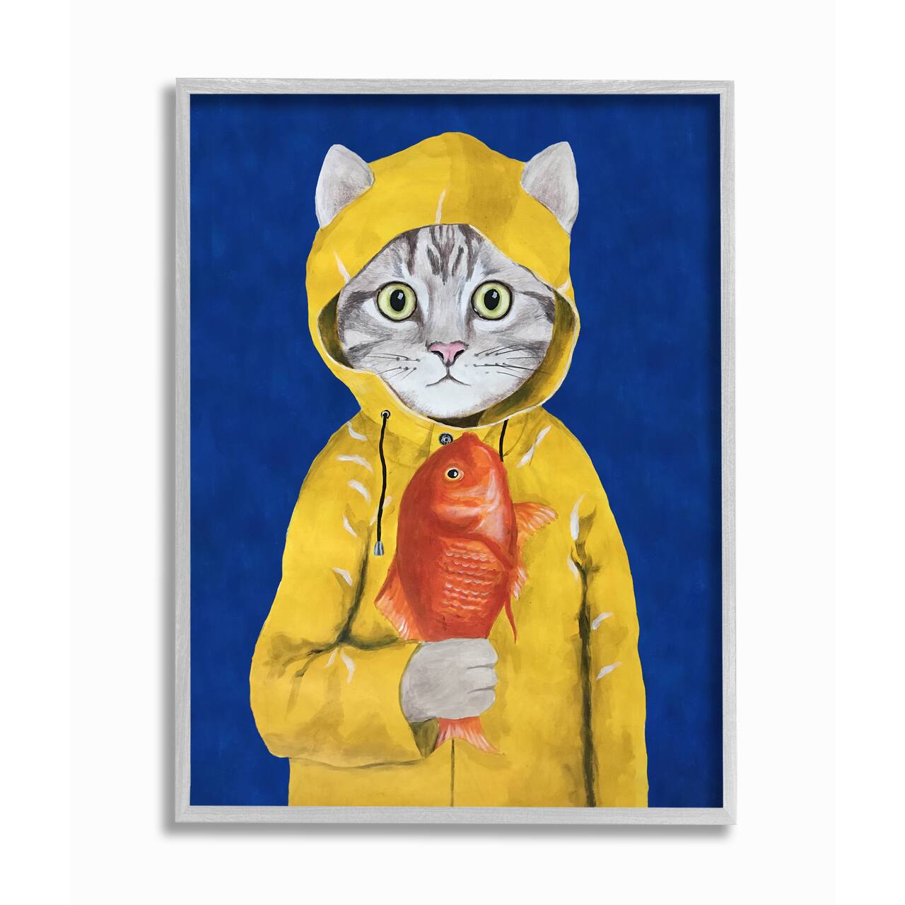 Stupell Industries Fisherman Feline Yellow Coat Cat in Gray Frame Wall Art